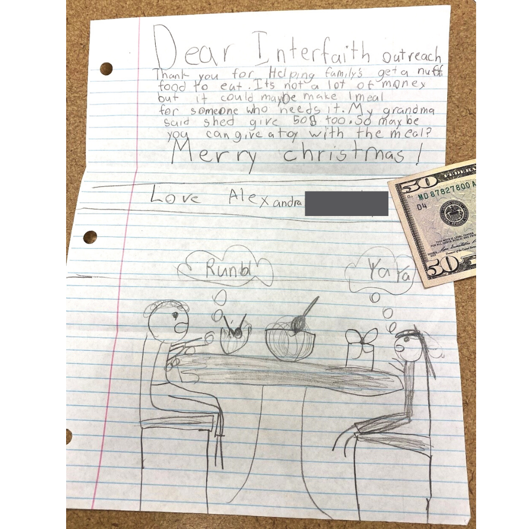 9-year-old note and donation to Interfaith