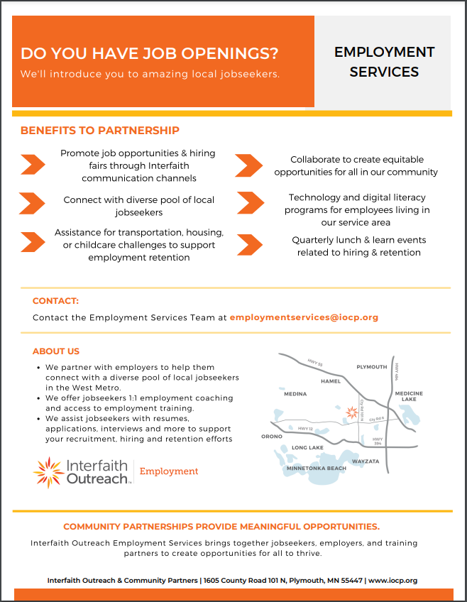 orange and white flyer features benefits to partnering with Employment Services