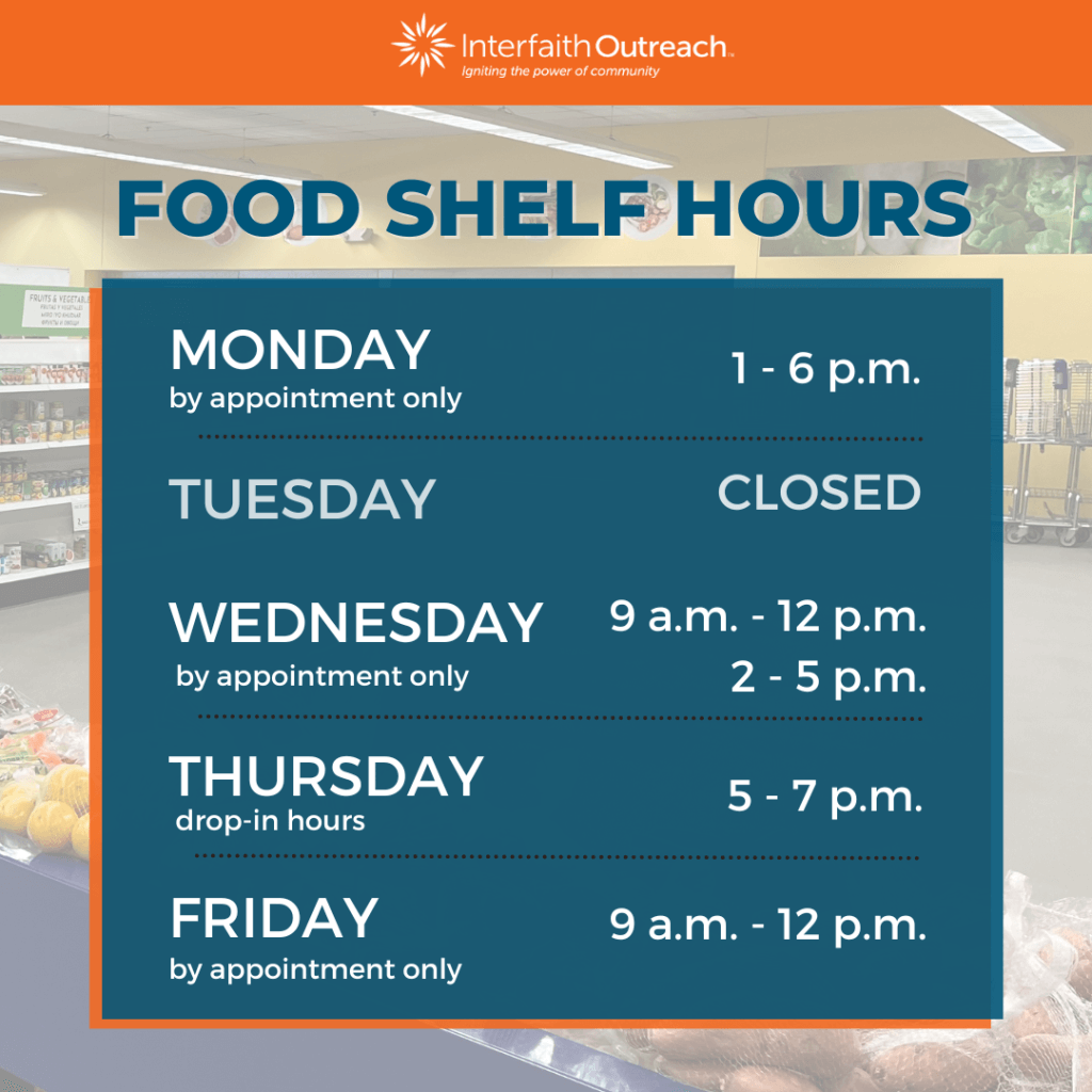 IOCP Food Shelf Hours include by appointment and drop-in times.