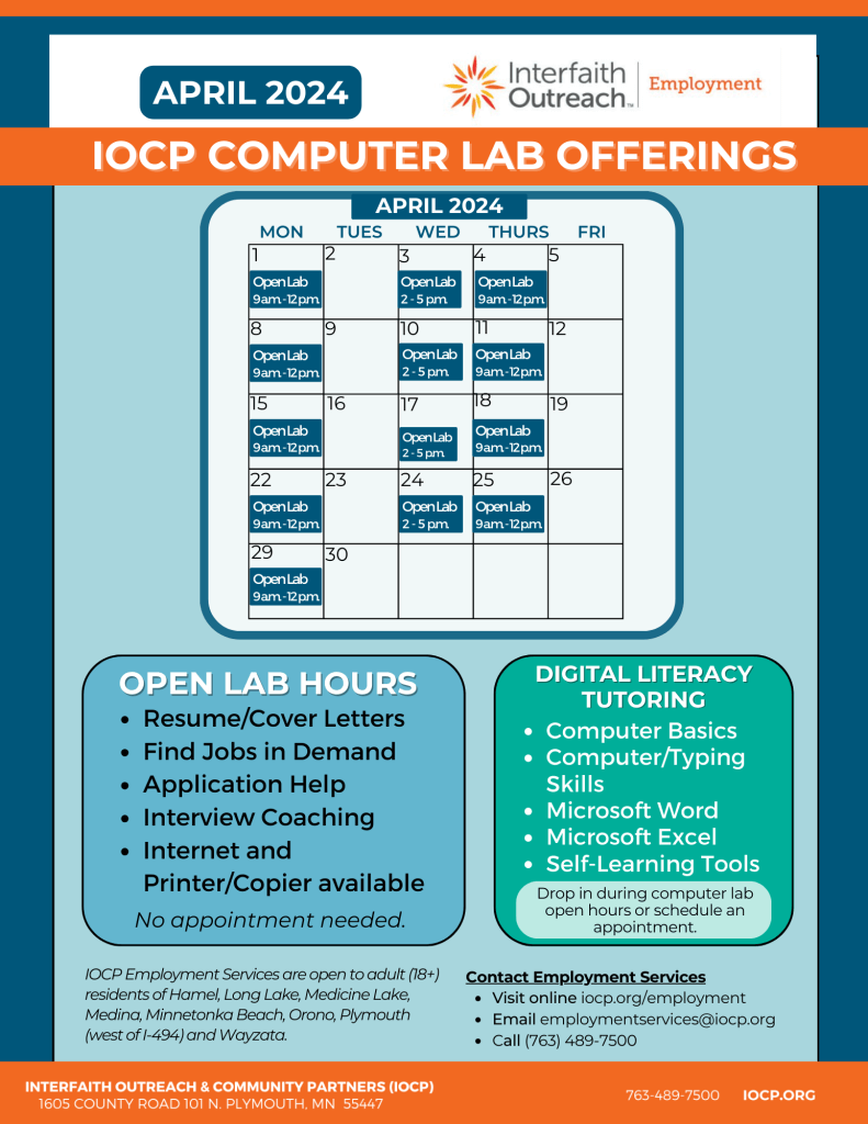 IOCP Computer Lab Calendar - April 2024